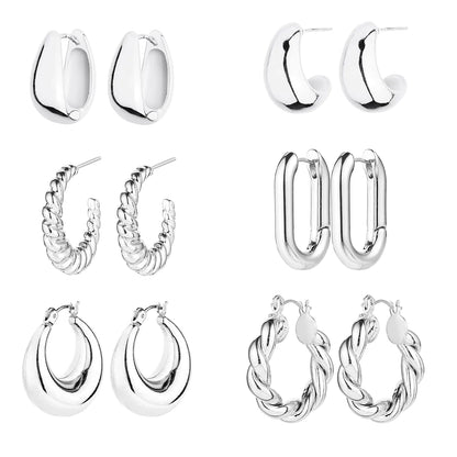 6 Pairs 14K Gold Hoop Earrings for Women Lightweight Chunky Hoop Earrings Multipack Hypoallergenic, Thick Open Twisted Huggie Hoops Earring Set Jewelry for Gifts. Silver