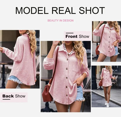 Dokotoo Womens Waffle Knit Shacket Jacket Casual Long Sleeve Button Down Shirts Dressy Blouses Tops Large Pink 1