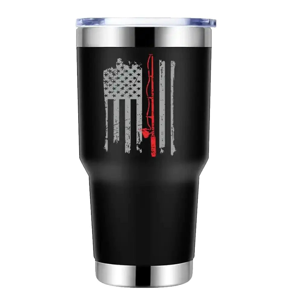 Fishing Rod American Flag 30oz Stainless Steel Tumbler - Black