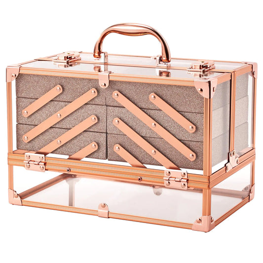 FRENESSA Makeup Train Case 11.8 Inch Acrylic Large 6 Tray Large Makeup Organizer Case Portable Cosmetic Storage Box for Makeup Artist Jewelry Nail Kits Crafts Beauty Makeup Display Case Rose Gold