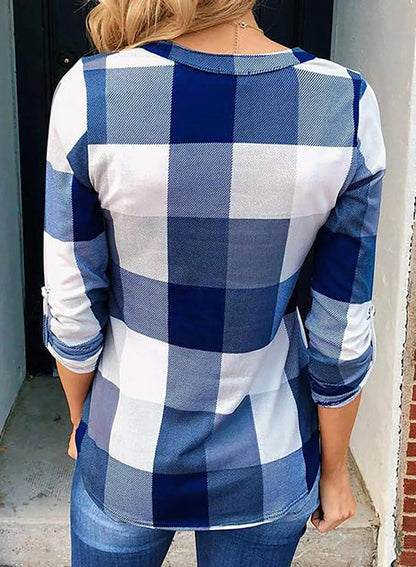 Dokotoo Womens Basic Casual V Neck Plaid Print Cotton Cuffed Long Sleeve Work Tops Blouses Shirts S-3XL Small Blue