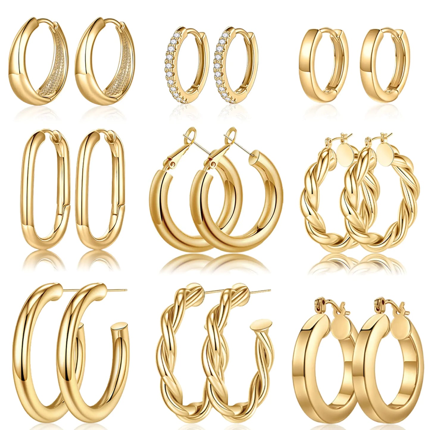 Yesteel 9 Pairs Gold Hoop Earrings for Women, 925 Sterling Silver Post 14K Real Gold Plated Chunky Hoop Earrings Set for Women Hypoallergenic Thick Lightweight Hoop Earrings for Women Gold Jewelry Gifts " Gold